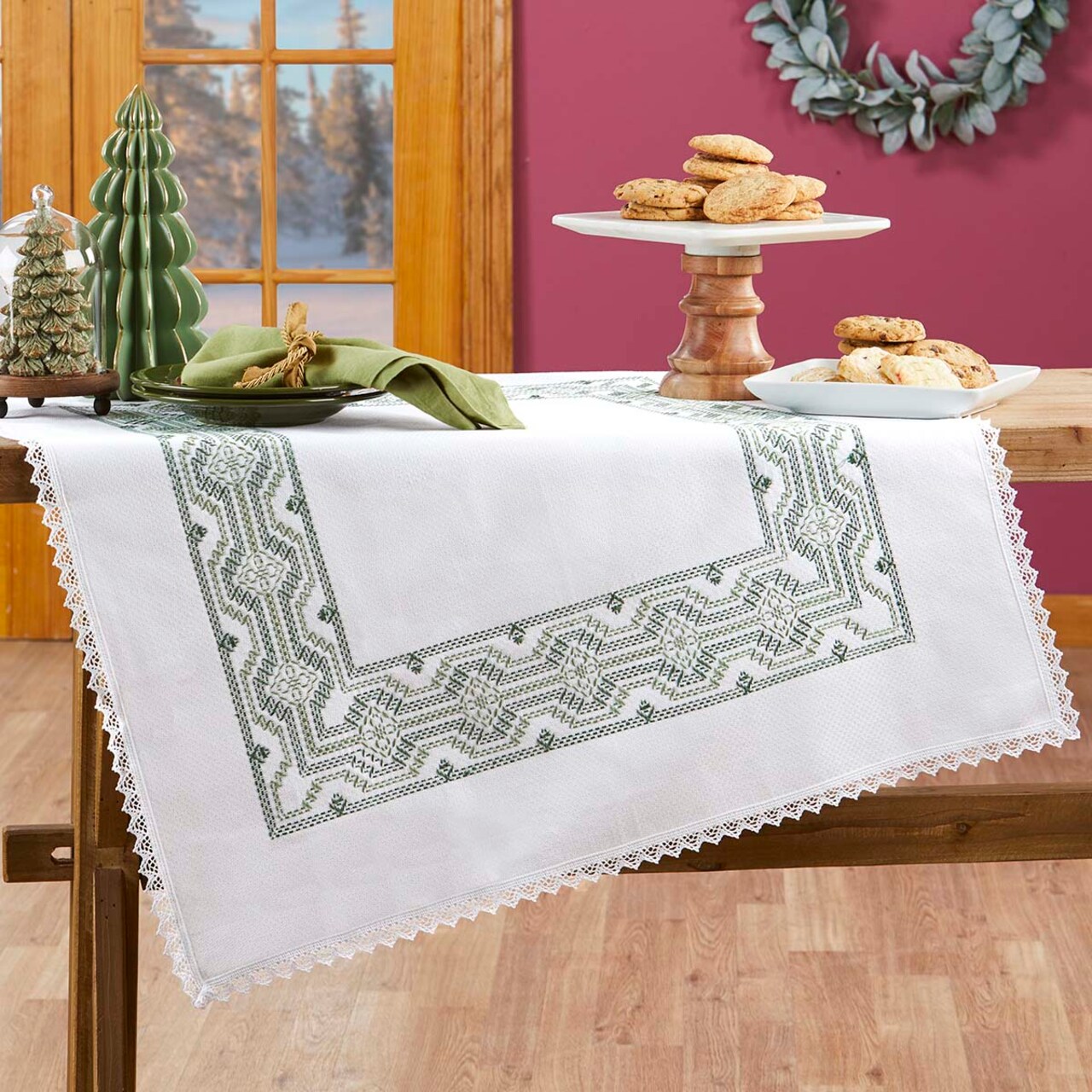 Herrschners Green Ornaments Table Topper Swedish Huck Embroidery Kit